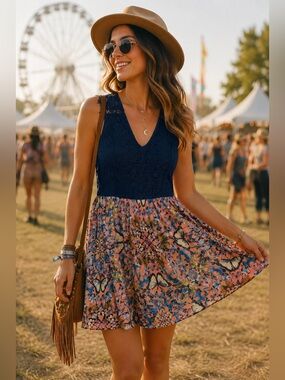 Xhilaration Butterfly Lace Dress | Navy Coral Floral Mini Dress | Size M